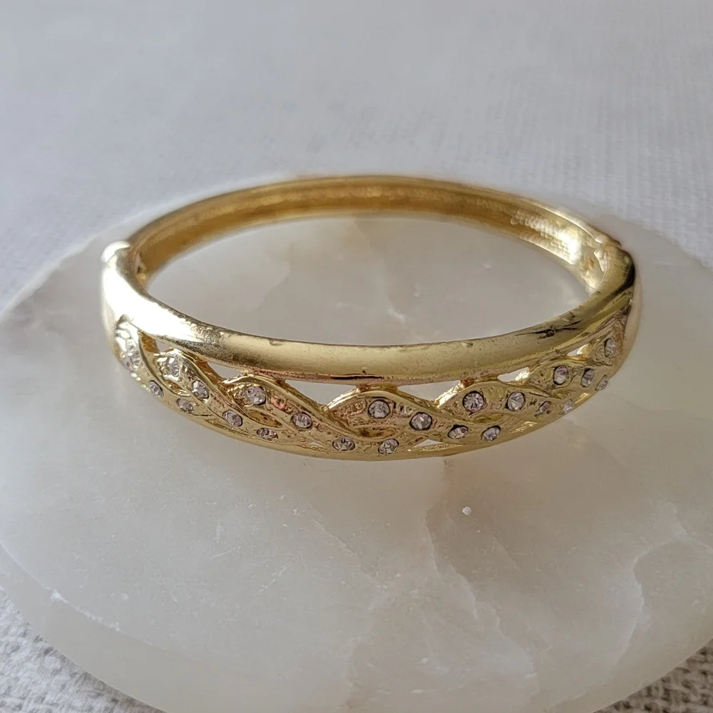 Gold Rhinestone Twisted Hinged Bracelet